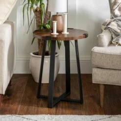 Set of 2 Wrightson Urban Industrial Wrap Leg Round Side Tables - Saracina Home Faux Dark Concrete