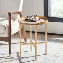 Prague Round Side Table Light Gray Oak/Gold - Safavieh