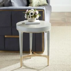 55 Downing Street Modern Wood Gold Metal Round Accent Side End Table 19 3/4" Wide Gray Texture for Living Room Home House Entryway