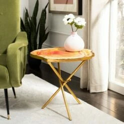 Giselle Faux Agate Side Table Multi Orange/Gold - Safavieh