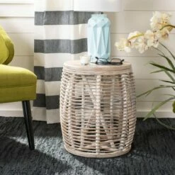 Maui Rattan Drum Stool Table - Safavieh Gray/white Wash