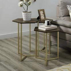 Set of 3 Glam Hexagon Geometric Nesting Accent Tables - Saracina Home Dark Walnut/gold