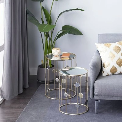 Olivia & May Set of 2 Contemporary Metal Accent Tables with Mirrored Top Gold - Olivia & May 3 Olivia & May Set of 2 Contemporary Metal Accent Tables with Mirrored Top Gold - Olivia & May