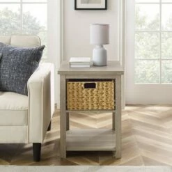 Mission Side Table with Woven Basket Storage - Saracina Home Rustic Oak