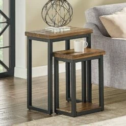 Set of Two Claremont Rustic Wood Nesting End Tables Dark Brown - Alaterre Furniture