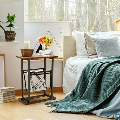 Costway Industrial End Side Table Mesh Magazine Holder Nightstand Rustic Brown 5 Costway Industrial End Side Table Mesh Magazine Holder Nightstand Rustic Brown - Image 3
