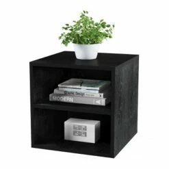 Hastings Home Stackable Contemporary Minimalist Modular Cube End Table With Double Shelves for Bedroom, Living Room, Office - Black