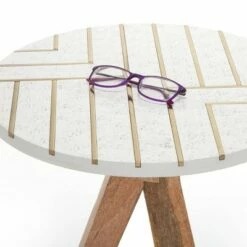 Amari Round Side Table with Brass Inlay Top White - Adore Decor