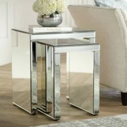 Studio 55D Modern Mirrored Rectangular Nesting Tables Set of 2 Silver Beveled Mirror Living Room Bedroom Bedside Entryway House
