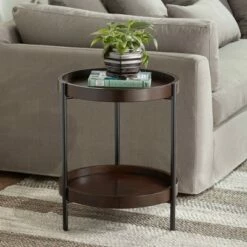55 Downing Street Vintage Bronze Metal Round Accent Table 20 1/4" Wide Brown Walnut Wood Top and Shelf for Living Room Home House