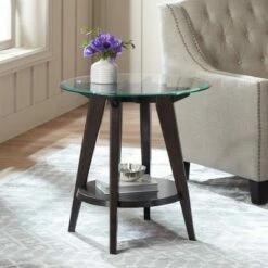 55 Downing Street Farmhouse Wood Round Accent Table 24" Wide with Shelf Dark Brown Tempered Glass Tabletop Living Room Home House