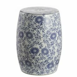 happimess Lotus Blossom 17.5" Chinoiserie Ceramic Drum Garden Stool, Blue/White