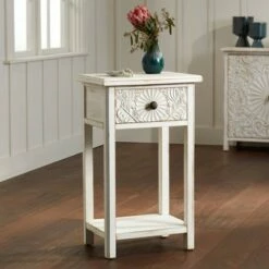 55 Downing Street Modern Wood Accent Side End Table 19" x 13 3/4" with Drawer and Shelf White Living Room Bedroom Bedside Entryway