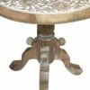 Intricately Carved Round Top Mango Wood Side End Table with Pedestal Base Brown/White - The Urban Port