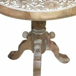 Intricately Carved Round Top Mango Wood Side End Table with Pedestal Base Brown/White - The Urban Port