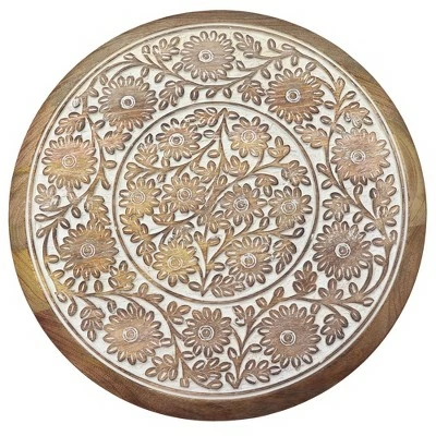 Intricately Carved Round Top Mango Wood Side End Table with Pedestal Base Brown/White - The Urban Port 4 Intricately Carved Round Top Mango Wood Side End Table with Pedestal Base Brown/White - The Urban Port - Image 2