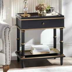 55 Downing Street Modern Luxe Wood Rectangular Accent Side End Table 15" x 24" with Drawer Shelf Black Gold for Living Room Home