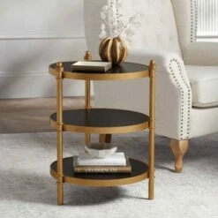 55 Downing Street Modern Luxe Wood Round Accent Side End Table 18 3/4" Wide Black Gold 3-Tier for Spaces Living Room Home House