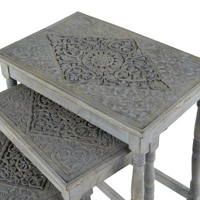 Olivia & May Set of 3 Carved Accent Tables with Distressed Finish Gray - Olivia & May 4 Olivia & May Set of 3 Carved Accent Tables with Distressed Finish Gray - Olivia & May - Image 2