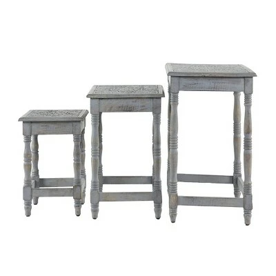 Olivia & May Set of 3 Carved Accent Tables with Distressed Finish Gray - Olivia & May 5 Olivia & May Set of 3 Carved Accent Tables with Distressed Finish Gray - Olivia & May - Image 3