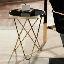 55 Downing Street Modern Gold Round Accent Side End Table 17 1/2" Wide Painted Black Glass Top Hairpin Base for Living Room Home