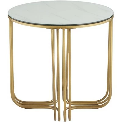 Studio 55D Luxury Bronze Metal Round Accent Side End Table 24" Wide Gold Marbleized Glass Tabletop Living Room Bedroom Entryway 7 Studio 55D Luxury Bronze Metal Round Accent Side End Table 24" Wide Gold Marbleized Glass Tabletop Living Room Bedroom Entryway - Image 5