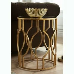 55 Downing Street Luxury Gold Leaf Metal Round Accent Side End Table 20" Wide Mirrored Tabletop Living Room Bedroom Entryway House
