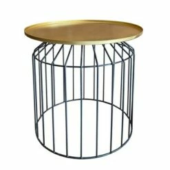 Round Tray Top Metal Accent Side End Table with Tubular Wire Frame Gold/Black - Benzara