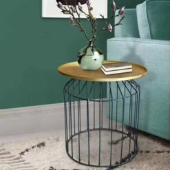 Round Tray Top Metal Accent Side End Table with Tubular Wire Frame Gold/Black - Benzara -Side Tables Sales unnamed file 4432