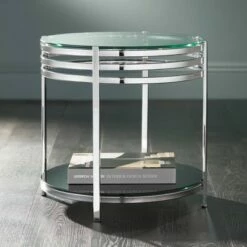 Studio 55D Modern Chrome Stainless Steel Round Accent Side End Table 21" Wide Silver Clear Glass Black Living Room Bedroom Bedside