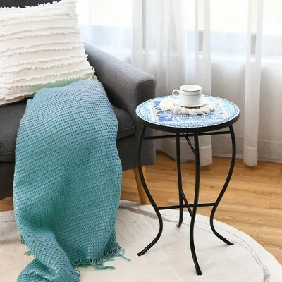 Costway Mosaic Side Table Accent Table Round Balcony Bistro End Table OrangeBlueNavy 3 Costway Mosaic Side Table Accent Table Round Balcony Bistro End Table OrangeBlueNavy