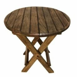Wooden Round Folding Chair Side End Table with Planked Top Brown - The Urban Port