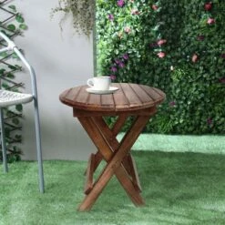Wooden Round Folding Chair Side End Table with Planked Top Brown - The Urban Port -Side Tables Sales unnamed file 4535