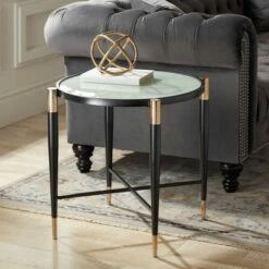 Studio 55D Modern Metal Round Accent Side End Table 25" Wide Matte Black Gold Marbleized Glass Tabletop for Living Room Bedroom
