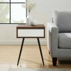 Mid-Century Modern Fluted Drawer Side Table - Saracina Home Solid White/dark Walnut -Side Tables Sales unnamed file 4744