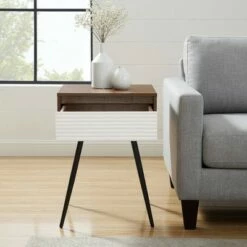 Mid-Century Modern Fluted Drawer Side Table - Saracina Home Solid White/dark Walnut -Side Tables Sales unnamed file 4745