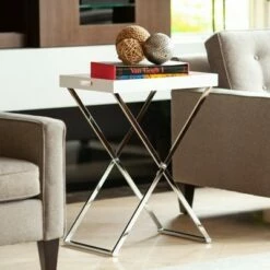 Rectangular Folding Side Table with Removable Tray White/Chrome - Danya B.