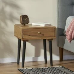 Uvalda Handcrafted Mid-Century Modern Wooden Side Table with Drawer Natural/Black - Christopher Knight Home
