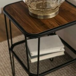 Pierceton Modern Industrial Hairpin Leg Side Table with Metal Mesh Shelf Dark Walnut - Saracina Home -Side Tables Sales unnamed file 5194