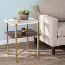 Amelia Square Faux Marble End Table with Storage Brass - Aiden Lane