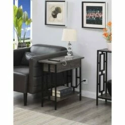 Town Square Flip Top End Table with Charging Station Weathered Gray/Black - Breighton Home