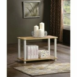 Furinno Turn-N-Tube Wooden 2 Tier Rectangle Flat Top Shelves Home End Tables for Bedrooms and Living Rooms, Beech & White, (2 Pack)