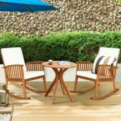 Costway 3PCS Patio Rocking Chair Set Round Table Solid Wood Cushioned Sofa Garden Deck