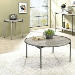 2pc Millerton Round Coffee and End Table Set Light Gray/Brushed Metal - miBasics