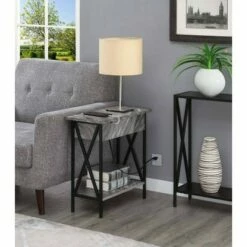 Tucson Flip Top End Table with Charging Station and Shelf Gray Faux Marble/Black - Breighton Home