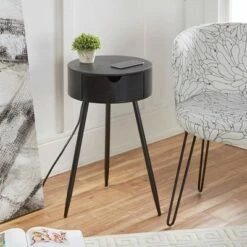 Round Side Table with USB and Outlet - Decor Therapy Black -Side Tables Sales unnamed file 6810