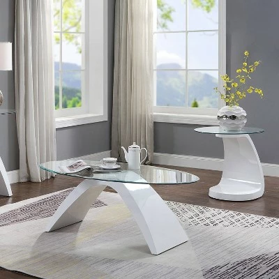 2pc Gummerton Glass Top Coffee and End Table Set - miBasics White 3 2pc Gummerton Glass Top Coffee and End Table Set - miBasics White