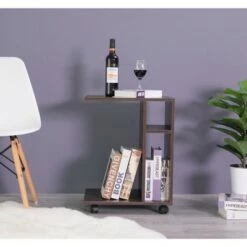 Basicwise Modern Sofa Side Table with Shelves and Casters, Brown -Side Tables Sales unnamed file 7004