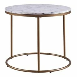 Marmo Round Side Table with Faux Marble Top Brass - Teamson Home