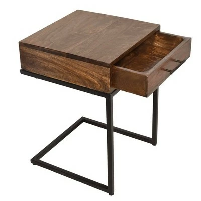 Mango Wood Side Table with Drawer and Cantilever Iron Base Brown/Black - The Urban Port 3 Mango Wood Side Table with Drawer and Cantilever Iron Base Brown/Black - The Urban Port
